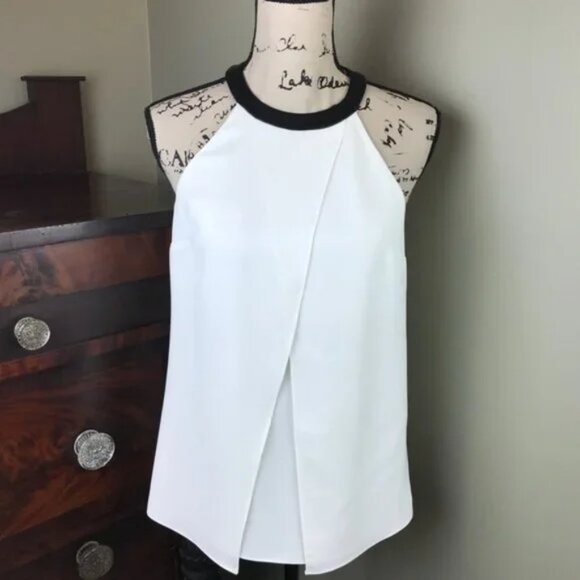 New Tibi Arden high neck halter leather trim crepe draped sleeveless blouse top - Picture 4 of 6
